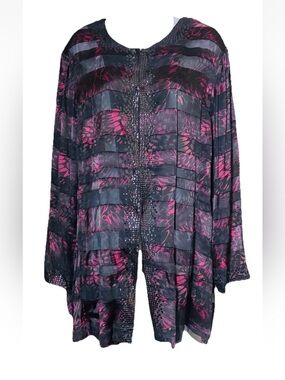 Chico's 3 Sequin Silk Blend Sheer Cardigan Jacket Burgundy Black Size XL 16/18